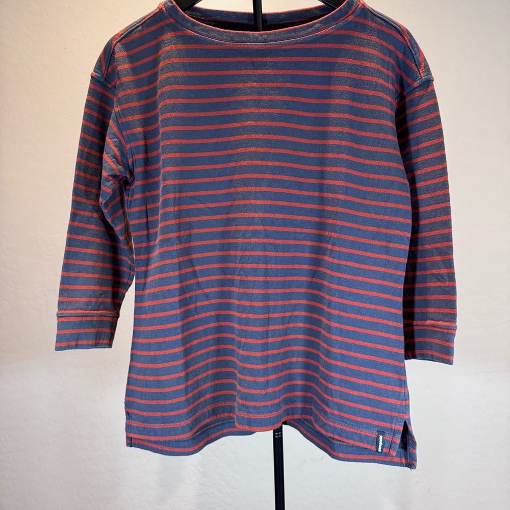 Patagonia‎ Misty Meadow 3/4 Sleeve Tee - Gray and Orangey/Red Stripes, Med